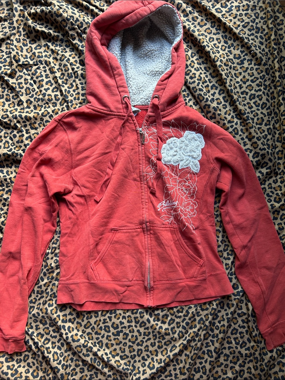 Vintage Billabong Zip-Up with Sherpa Lining on the hood, Floral Embroidery